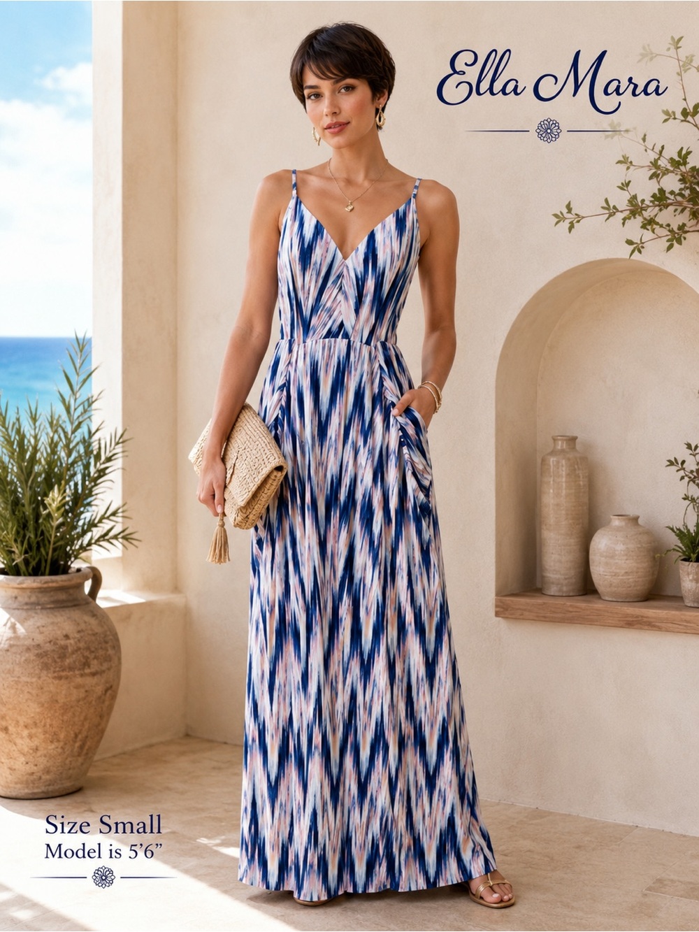 Ella Mara Blue Pink Abstract Print Maxi Dress | Sleeveless V-Neck Pockets